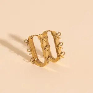 Stacked Rope Bow Oblong 3D Huggie Hoop Earrings