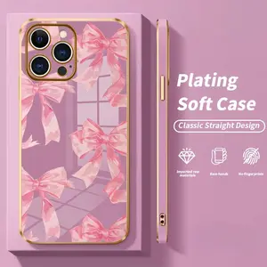 Luxury Plating TPU Mobile Phone Case for iPhone 17 Air 15 Pro Max 16 14 Plus 13 12 11 Romantic Bows  Classic Square Deisgn Lightweight Soft Cellphone Cover, It makes a great gift for friends or family.