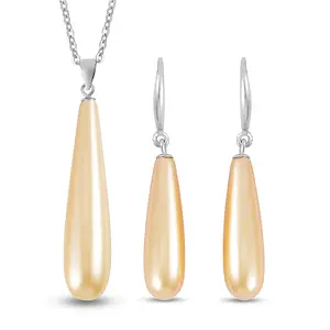 Shell Pearl Drop Pendant Necklace 20 Inches and Earrings in Stainless Steel