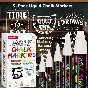 5 Pack White Chalk Markers for Windows & Chalkboard – Liquid Chalk Pens with 5 Tip Sizes (0.7, 3, 6,10,15mm), Erasable & Washable, Non-Toxic, Dust-Free for Glass, Car Windows, Menu Boards, Home, School & Office