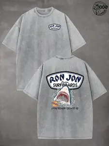 Men's Vintage Washed Cotton Surf T-Shirt, Ron Jon Style Shark Graphic Tee with Long Beach Island Back Print, Retro Casual Streetwear Summer Beachwear Top, Grey