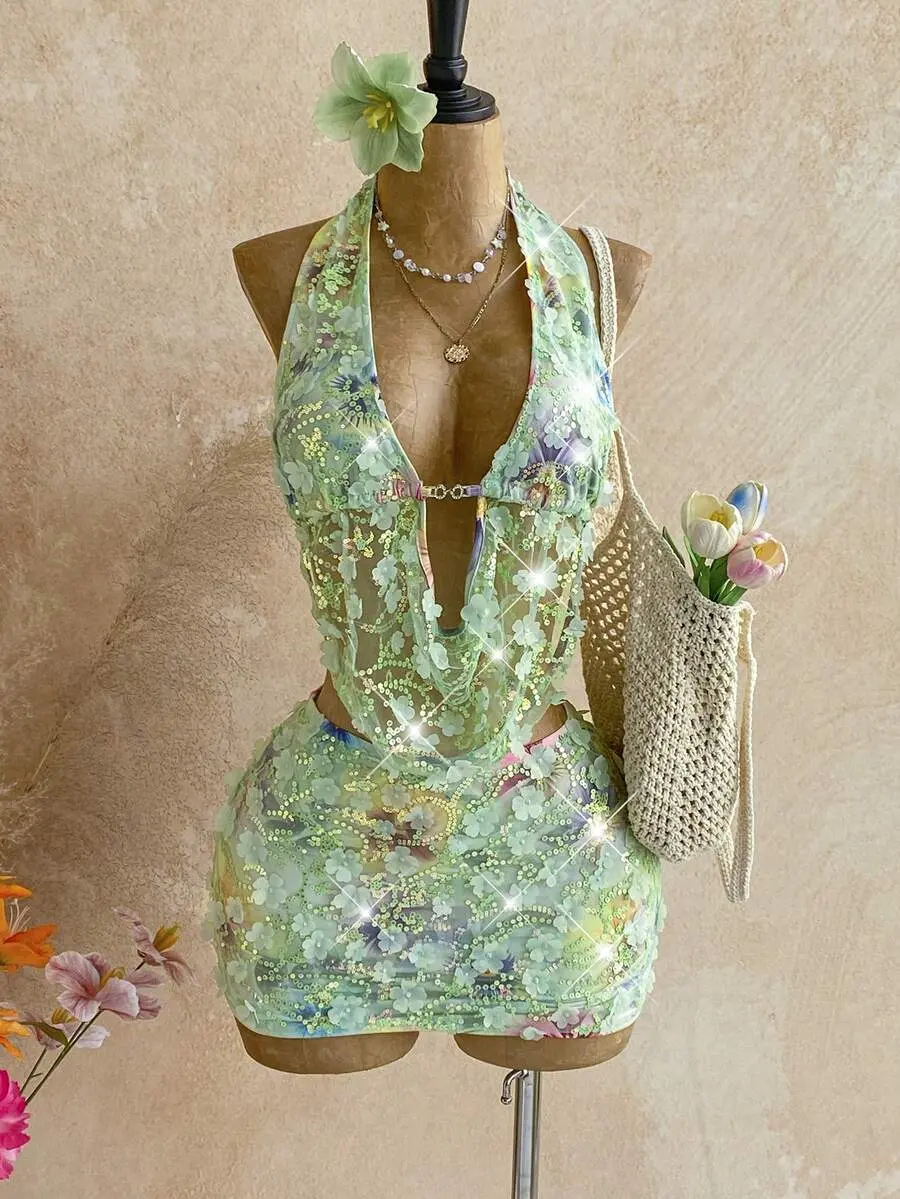 Womens Sequin Tassel 2 Piece Set | Shiny Halter Crop Top & Mini Skirt | Summer Festival Party Club Outfit
