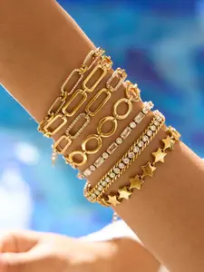 Girls' Gold-Plated Bracelet Classic Style Bracelet Stainless Steel 18k Gold-Plated Waterproof Star with White Zircon Oval Hollowed-Out Paperclip O-Shaped Tennis Chain Jewelry Essential Bracelet for Daily Wear and Outings Stackable Bracelet