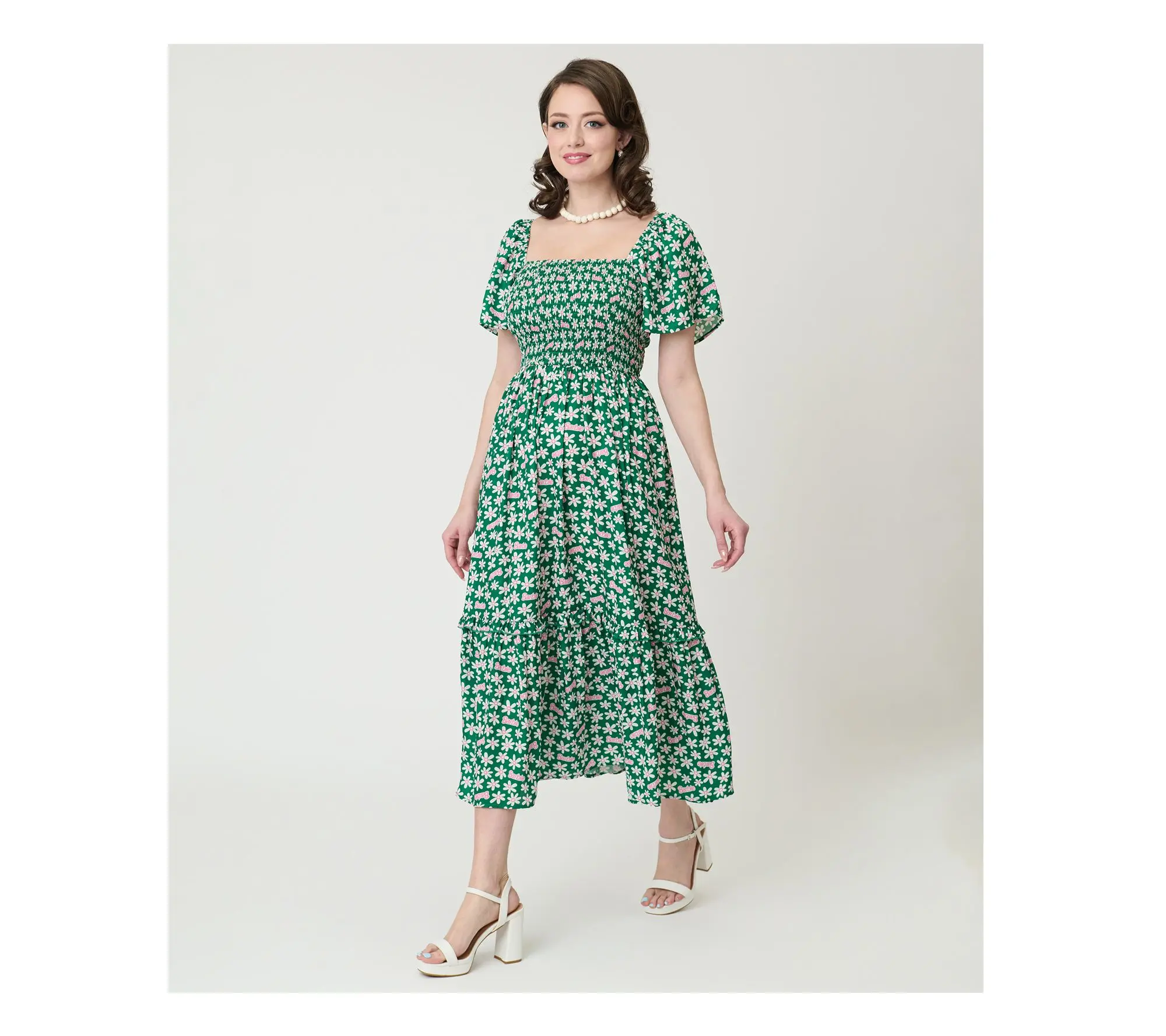 Barbie x Unique Vintage Green Ditzy Daisy Smocked Midi Dress
