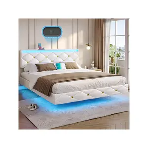 Queen Floating Bed Frame With Charging Station, Upholstered Platform Bed Frame With LED Lights And Adjustable Headboard, White
