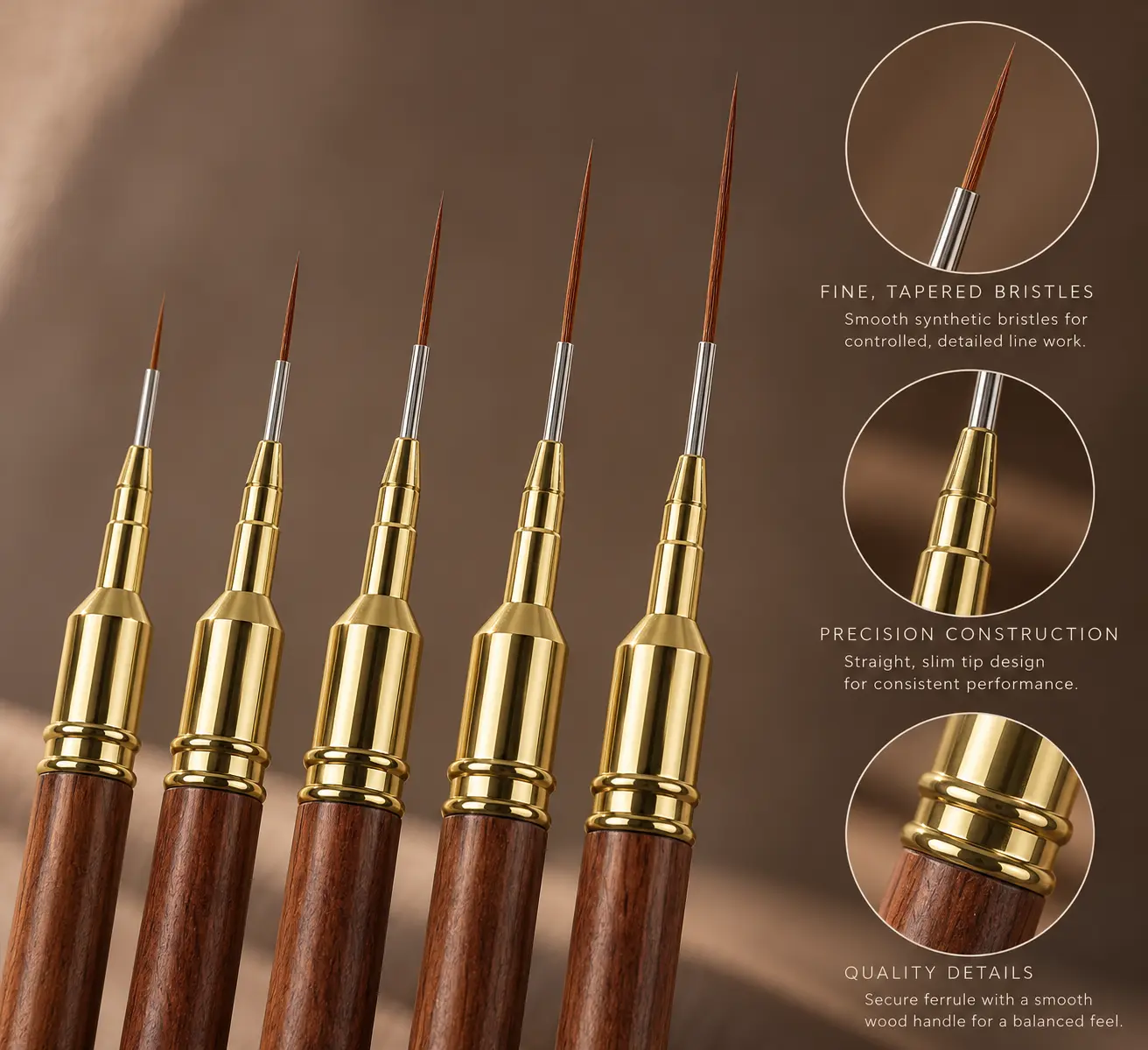 LE LAB Nail Art Liner Brush Set, 5 Sizes (5/7/12/15/20mm) Fine Detail Striping Brushes for Acrylic, Gel & Polish