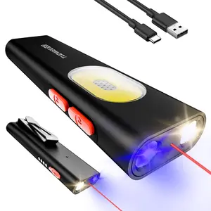 PASIION 1000 Lumens Rechargeable Flat EDC Flashlight, Pocket Flash Light,11 Light Modes – Two-way clamp Small LED Light with UV, Red Laser, Magnetic Base, USB-C Charging, Dual Switch for Camping, Repair, Emergency