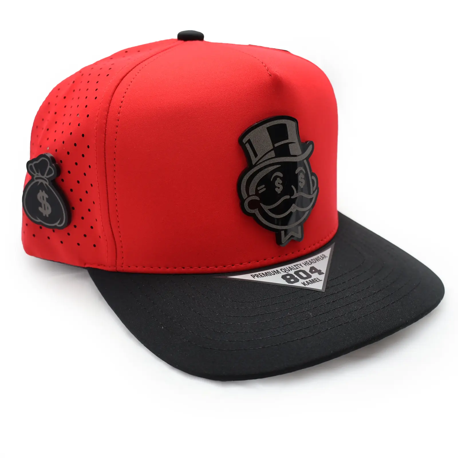 The Hustler’s Hat Monopoly Man Acrylic Badge & Money Bag Pin on Red/Black Hydro 804 Snapback Cap