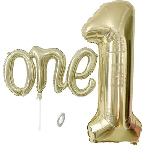 2Pcs White Gold One Balloon Set, 40inch Large Foil Light Gold Number 1 Balloon and 26inch Script Letter One Banner for Boy or Girl 1st Birthday Decorations