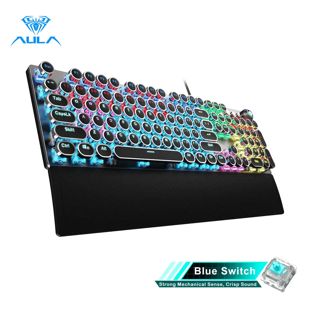 AULA F2088 Full Size Wired Transparent Mechanical Gaming Keyboard Typewriter Style, Blue Switches,Rainbow LED Backlit,Removable Wrist Rest,Media Contr