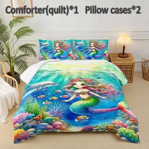 3pcs Mermaid Ocean Comforter Set, Underwater World Duvet Set for Girls and Adults Bedroom or Guest Room Decor, Lightweight Soft All Seasons Comforter Machine Washable Microfiber Quilt with 2 Pillowcases , Gifts for the Family