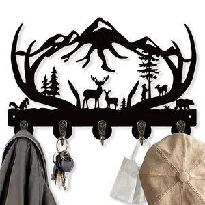 1Pc Deer Key Hooks, Animal Theme Wood Wall Mount Organizer, Wooden Key Holder with 5 Metal Hooks, 19 * 29 * 3cm Black Home Decoration for Storage, Living Room, Hallway, Office