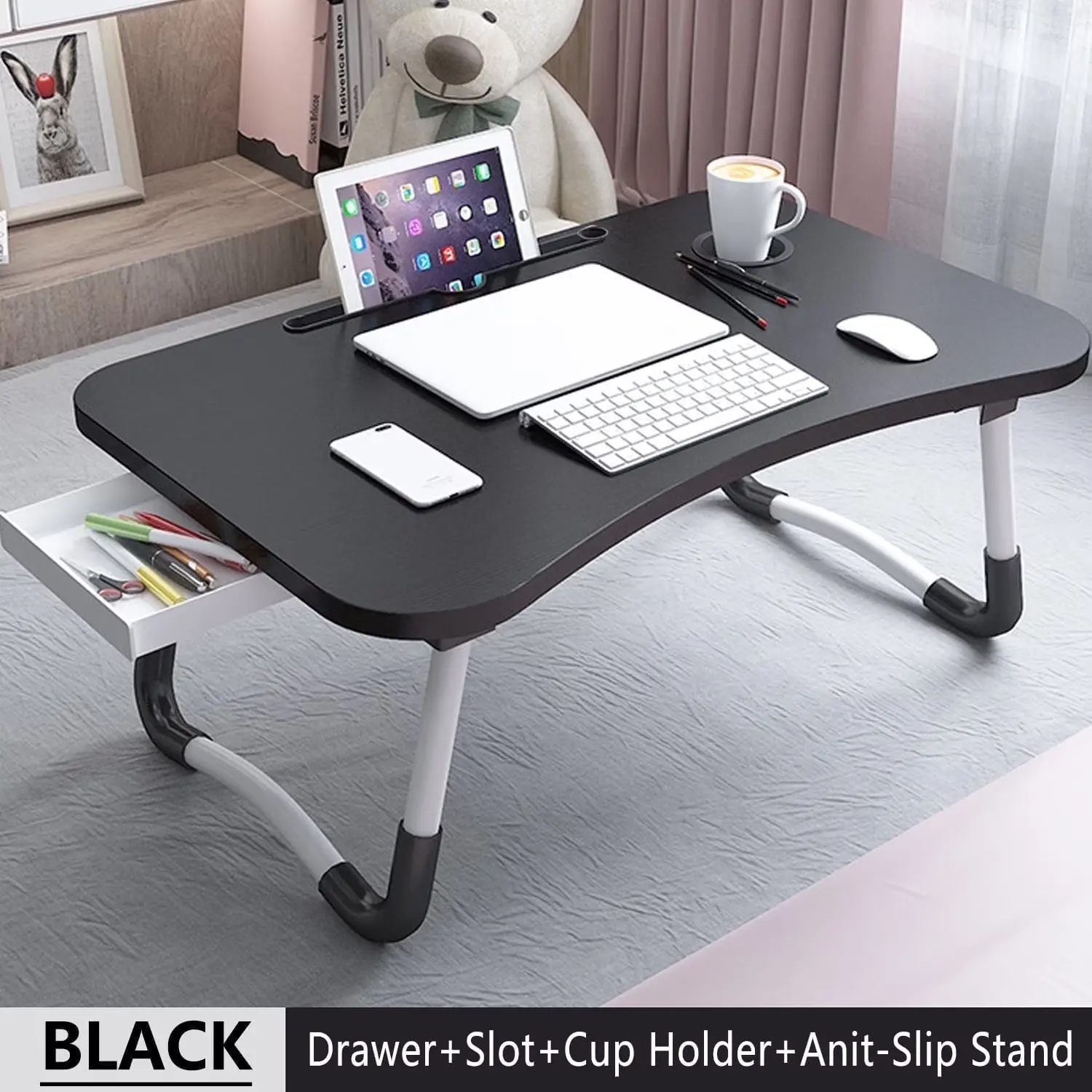 Foldable Lap Desk 23.6 Inch Portable Wood Laptop Desk Table Workspace Organizer Bed Tray with iPad Slots Cup Holder Drawer Anti-Slip for Working Reading Writing Eating Watching Black