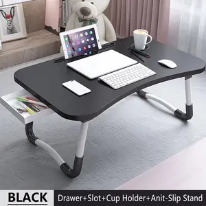 Foldable Lap Desk 23.6 Inch Portable Wood Laptop Desk Table Workspace Organizer Bed Tray with iPad Slots Cup Holder Drawer Anti-Slip for Working Reading Writing Eating Watching Black