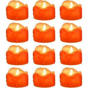 Orange Tealight Candles with 6H Timer (No Remote), Melting Design,  Operated LED Flameless  Lights, Pack of 12