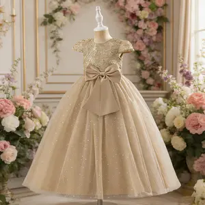 525 Tween Girl Embroidered Mesh Bow Decor Birthday Princess Dress Piano Performance Costume Suitable For Flower Girl Attending Banquet