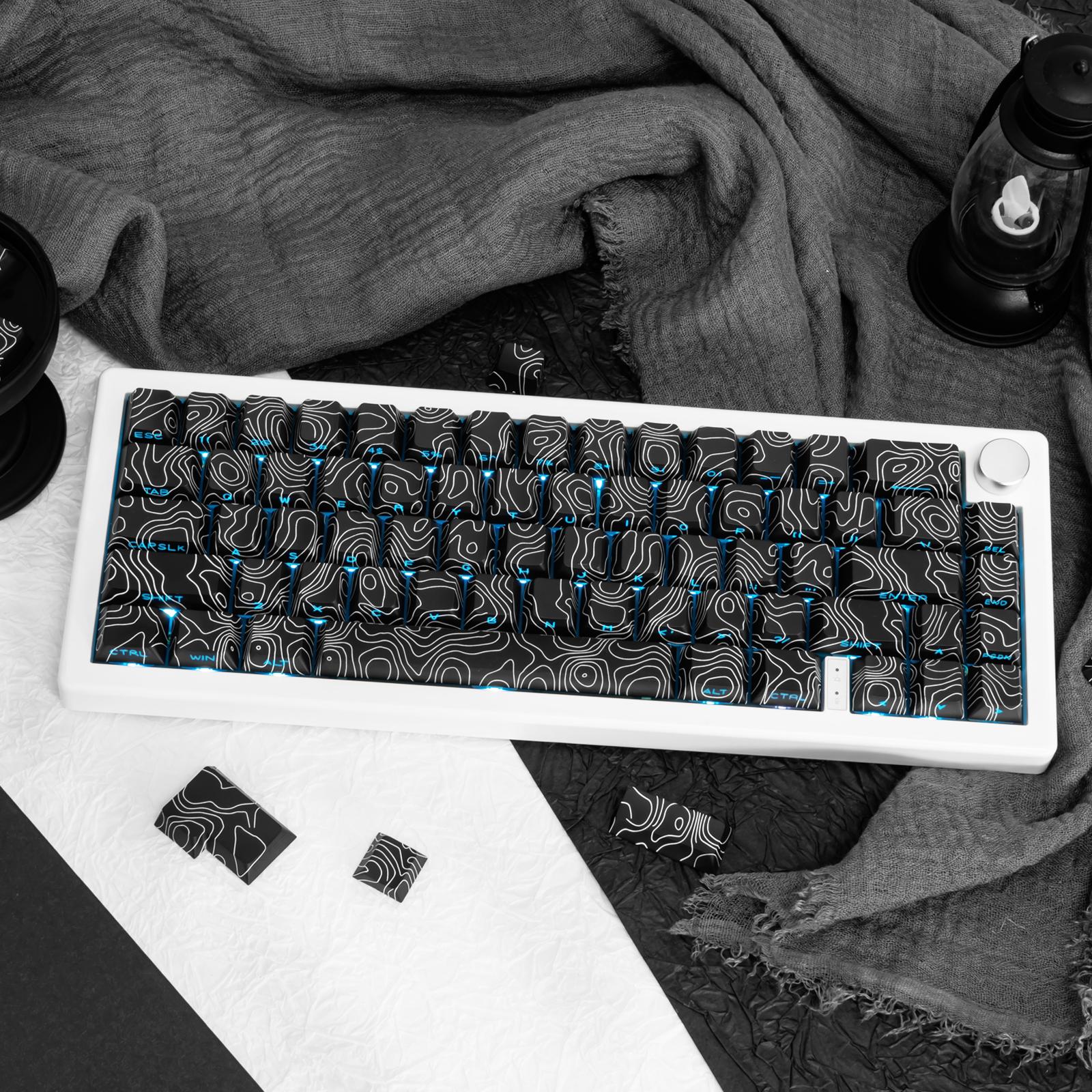 131-Key Black Topographic PBT Keycaps, Cherry Profile Side Printed Shine Through Dye Sublimation Custom Keycaps Compatible with All MX Switches Only Keycaps