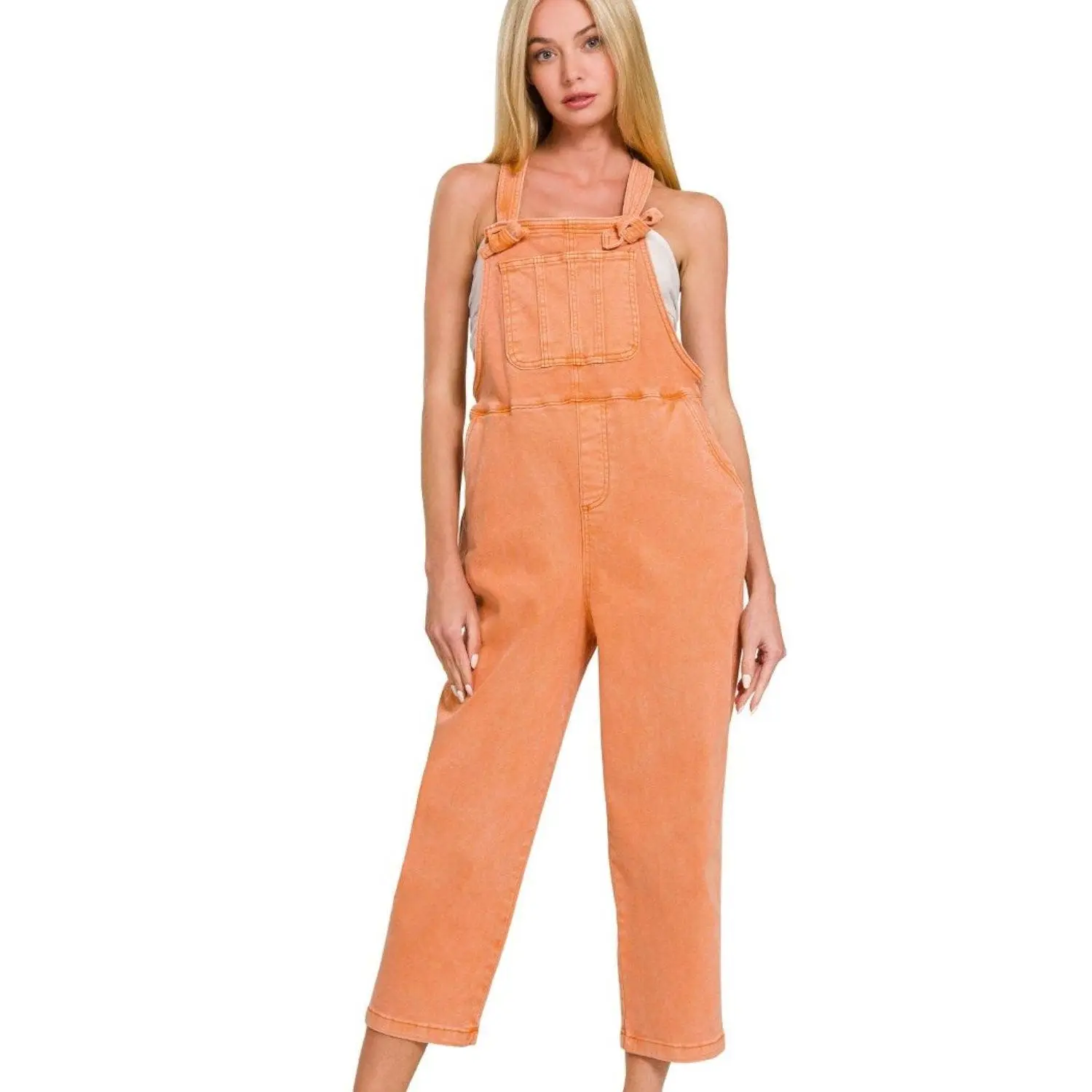 Zenana Washed Knot Strap Relaxed Fit Overalls
