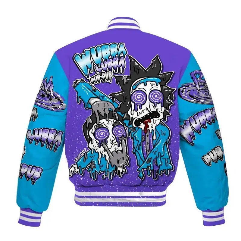 Retro Aqua 8s Match Varsity Jacket, Rickk and Mortyy Printed Baseball Jacket, Wubba Rick 90s Hip Hop Baseball Jacket, Men Women Sports Lightweight Jacket