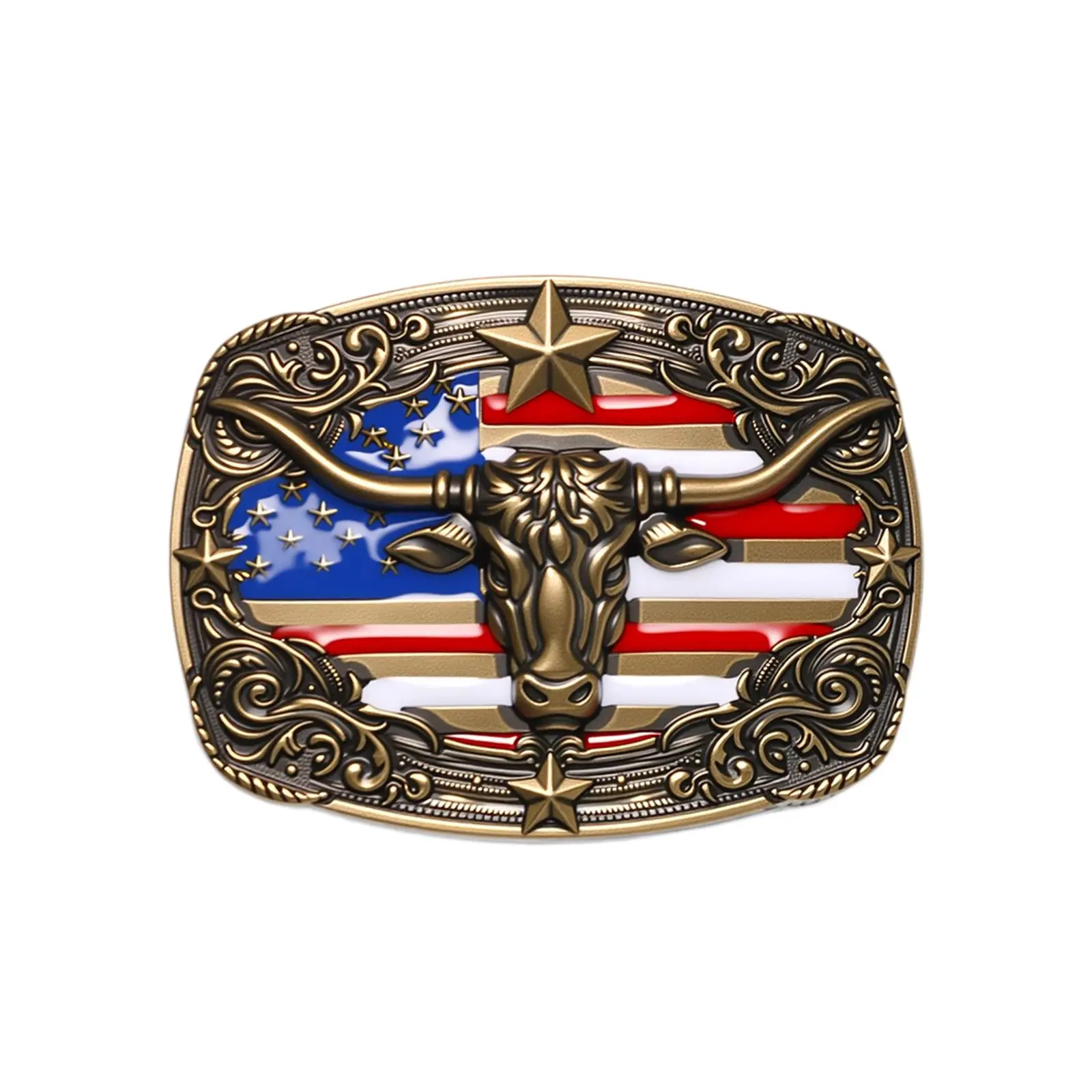 OIDEA Western Longhorn Bull Skull Belt Buckle with American Flag, Vintage Alloy Metal Cowboy Buckle for Men, Fits 1.4"-1.6" Belts for Western Clothing & Casual Wear