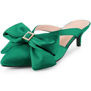 BLISSFUL STEP Bow Rhinestones Kitten Heels Satin Slide Mules for Women Dark Green