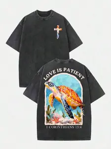 B-Love Is Patient 1 Corinthians 13:4 Christian Graphic Tee, Vintage Washed Oversized T-Shirt, Sea Turtle Ocean Print Shirt, Bible Verse Faith Tee for Women Men, Casual Short Sleeve Streetwear Top, Religious Inspirational Gift Shirt