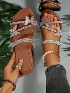 Women's Colorful Rhinestone Bow Multi-Strap Sandals, Flat Convertible Summer Fall Slides, Perfect for Dating Party Home Casual Wear Footwear