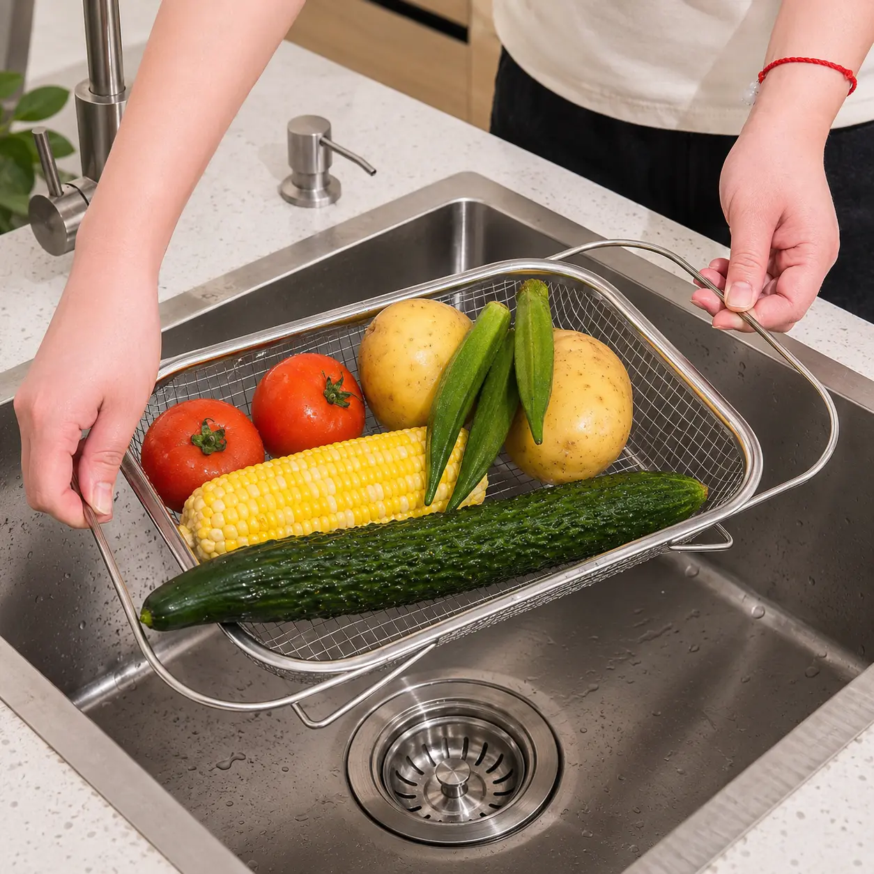 Stainless Steel Expandable Over-The-Sink Rectangular Colander - Fine Mesh Strainer Basket with Handles, Kitchen Essential for Cooking Tasks, Drain Sieves and Colanders for Fruit Washing, Silver Kitchen Utensil