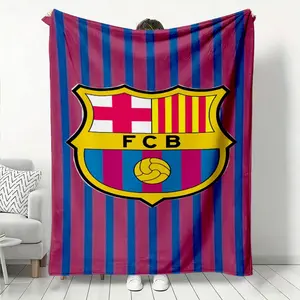 Flannel Blanket with FC Barcelona Club Badge, Spain, featuring red and blue vertical stripe background with official original team emblem pattern, adopting classic Catalonia element color scheme, sof