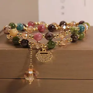 High-End Double Layer Rainbow Tourmaline Round Beads Bracelet, Bohemian Style Bracelet with Delicate Longevity Lock, Unique Jewelry for Women men's Gold Plated Hypoallergenic