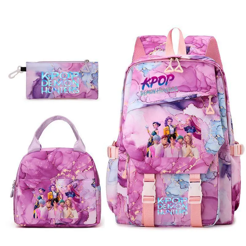 17 Inch KPOP 3‑Piece Backpack Set, Pink Marble Ink Wash Cartoon Print Zipper School Backpack, Hand‑held Lunch Bag and Pencil Pouch Kit for Teen Girls