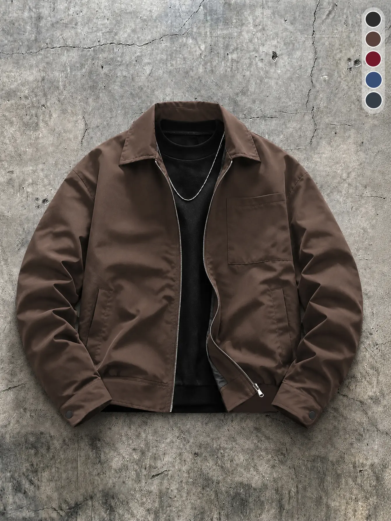 American minimalist solid-color jacket with a turn-down collar and silver zipper closure, left chest patch pocket, dropped shoulders, loose fit—ideal for commuting to work and casual outings; suitable for young men and middle-aged professionals.