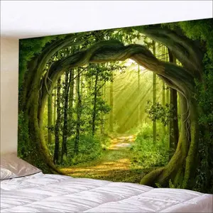 Enchanted Forest Tapestry Nature Lanscape Green Tapestry Tree Cave Wall Tapestry Wall Hanging For Living Room Bedroom Home Decorations