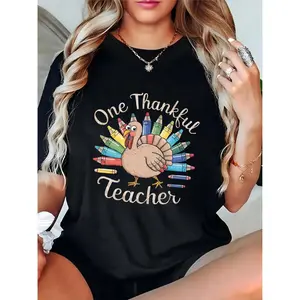 Women's Thanksgiving Turkey & Crayons Graphic T - Shirt, One Thankful Teacher Casual Fall Tee for School, Holiday Celebrations 100% Cotton T-shirt