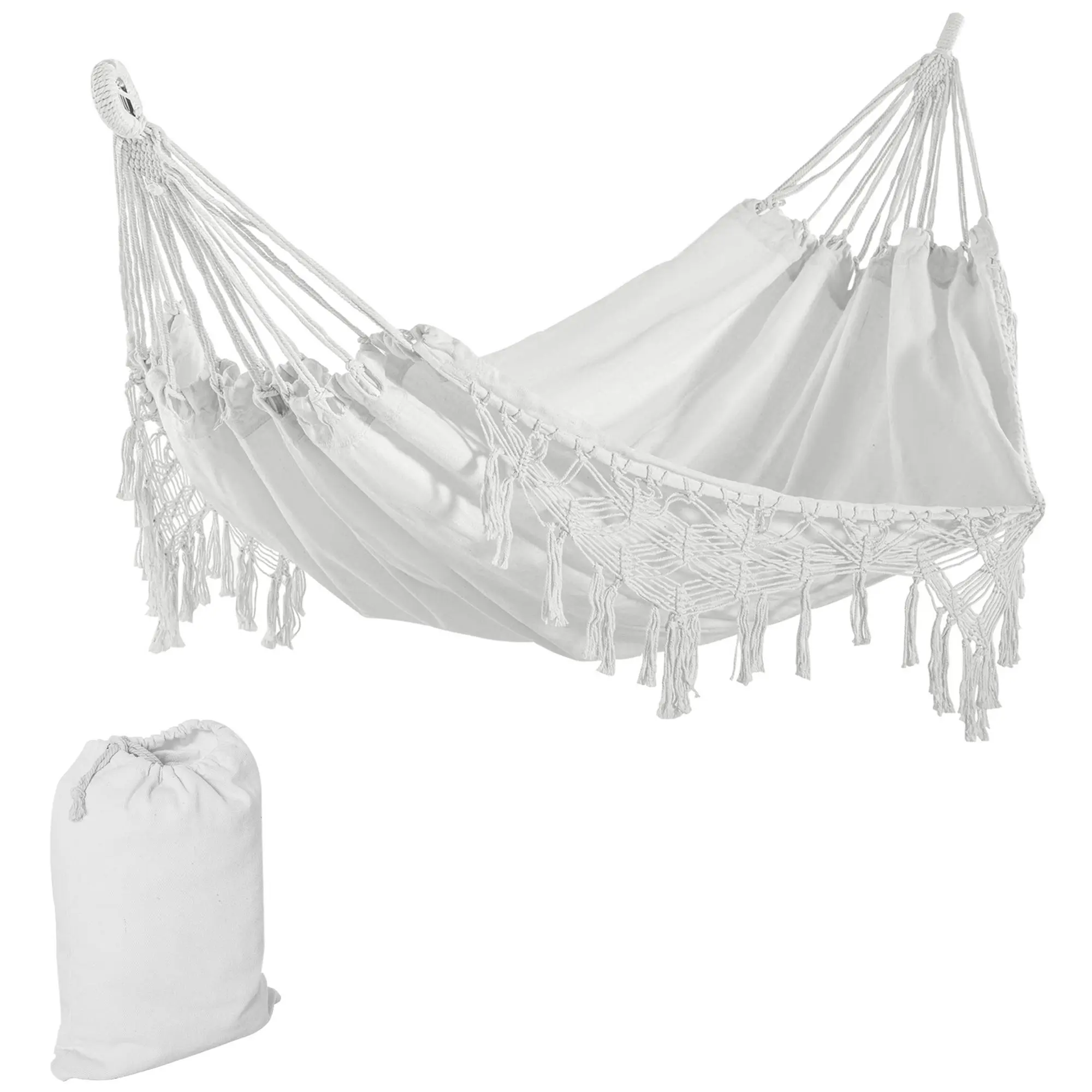Outsunny Jumbo Hammock Swing, Durable Boho Macrame Travel Accessory with Tassels, Polyester Cotton for Indoor & Outdoor Use, White, Durable Hammock, Hammock Jumbo