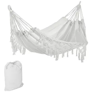 Outsunny Extra Large Boho Hammock with Macrame Tassel Fringe, Includes Carrying Bag, Indoor Outdoor Tree Hammock for Porch, Backyard, Camping, White