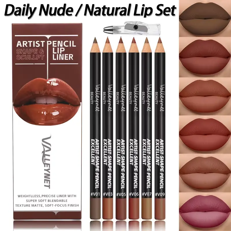 6-Pack Soft-Focus Matte Lip Sculpting Pencil Set With Pencil Sharpener | 7PCS Natural Everyday Nude Red Lip Definer Pencil Kit
