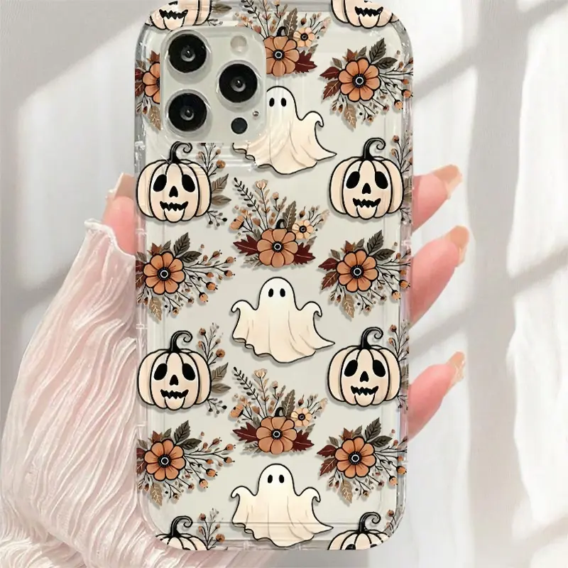 Transparent Halloween Ghost & Flower Design Tpu Shockproof Phone Case, Compatible with Apple & Samsung Models, Perfect Gift for Women & Girls