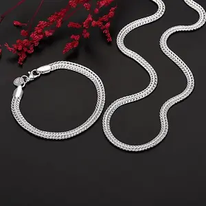 Fine 925 Sterling Silver 6MM Geometry Bracelet Neckalce Jewelry Sets for Women Man Luxury Fashion Party Wedding Accessories