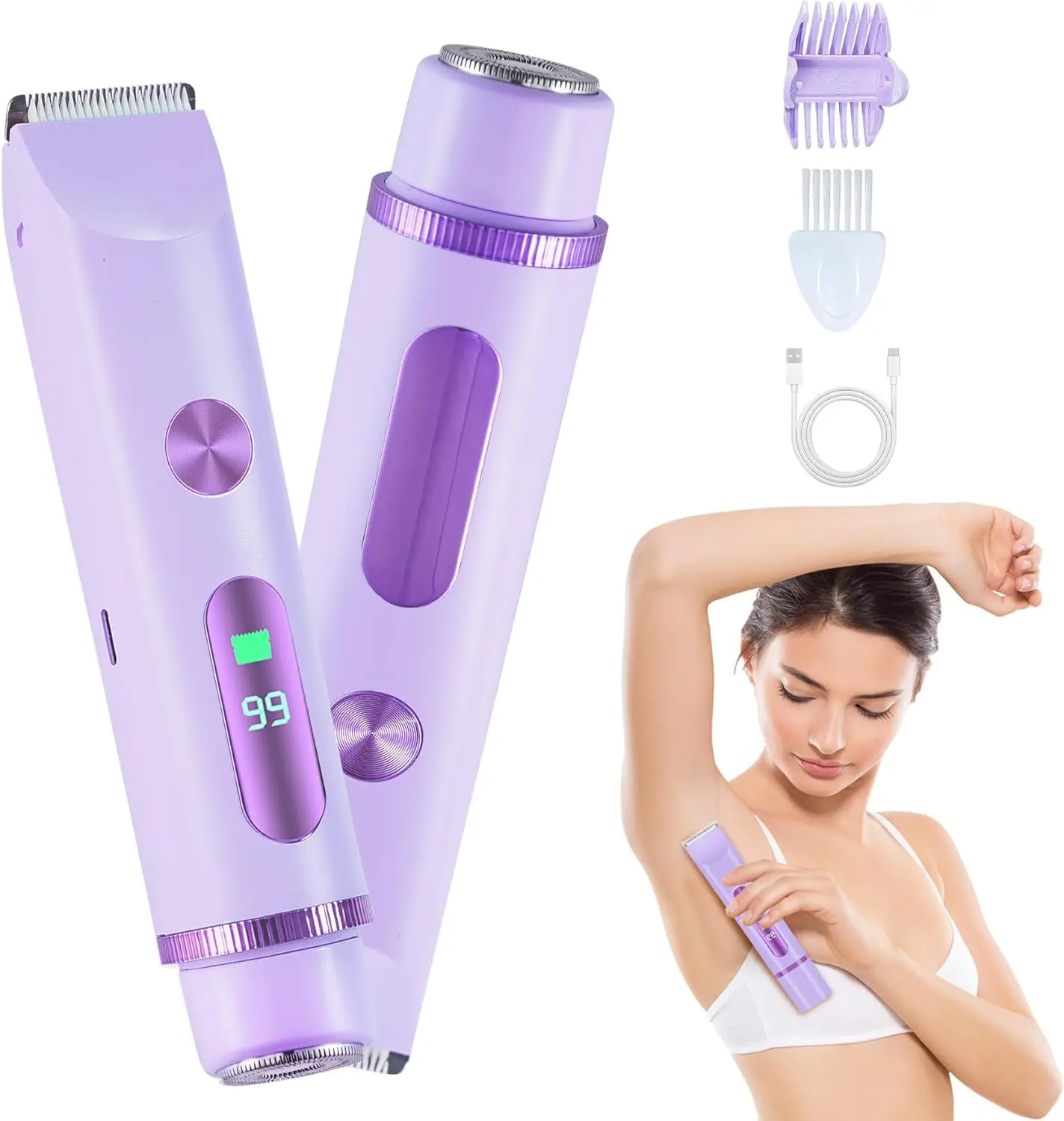 Women's Cordless Painless Waterproof 2-in-1 Dual Head Electric Trimmer & Shaver with LCD, Travel Grooming Kit for Private Area & Face