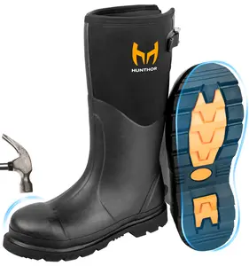 Rubber Work Boots, Puncture-Proof with Steel Toe & Shank, Waterproof Insulated 6mm Neoprene Hunting Boots for Farming, Construction, Gardening, Fishing, Outdoor Work