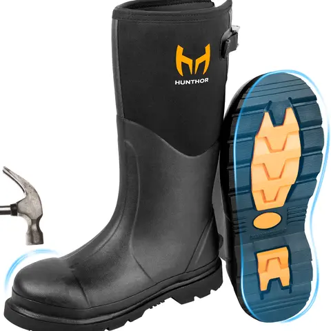 Men's Hunthor Round Toe Slip-On Steel Toe Waterproof Work Boot - 6mm Neoprene Insulated, Puncture-Proof Nonslip Rubber Industrial Footwear with Steel Shank for Heavy-Duty Construction, Fishing, Gardening