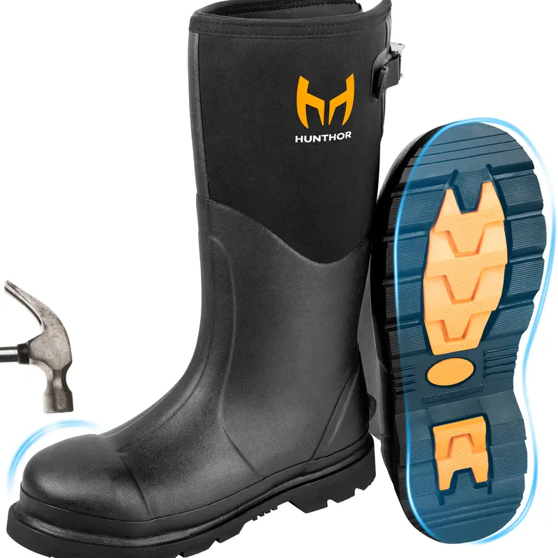 Men's Hunthor Round Toe Slip-On Steel Toe Waterproof Work Boot - 6mm Neoprene Insulated, Puncture-Proof Nonslip Rubber Industrial Footwear with Steel Shank for Heavy-Duty Construction, Fishing, Gardening
