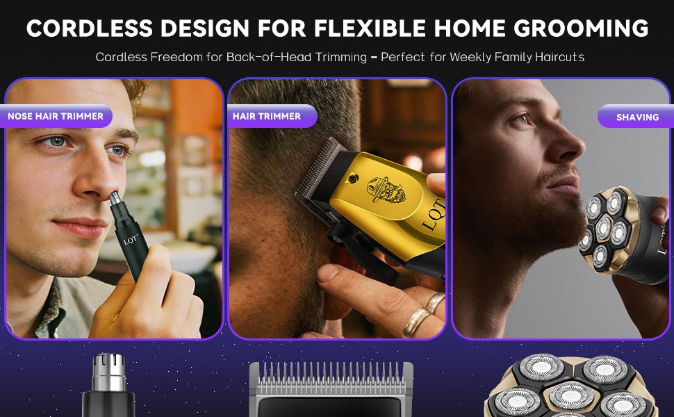 LQT Gold & Black 3-in-1 Men's Grooming Kit, Cordless Hair Clipper, Nose Trimmer & 6-Head Electric Shaver, Complete Rechargeable Barber Set for Head Shaving, Fades & Beard Styling