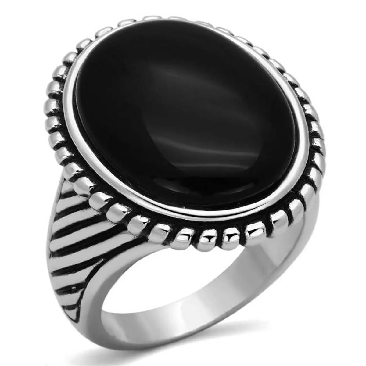 Jet Black Onyx Cocktail Ring for Women, Rhodium Plated Brass Base with Semi-Precious Accents - Size 6
