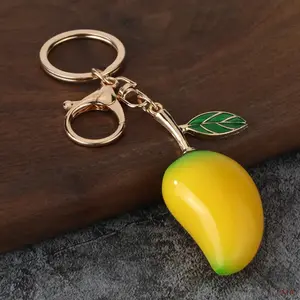 3D Simulated Gradient Mango Key Ring Bag Charm, Gold Plated Leaf Fruit Pendant With Lobster Clip Blank Engraving Tag, Cute Tropical Accessory For Handbags Backpacks Daily Keys & Custom Gift
