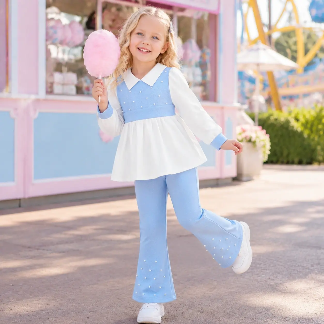 Little Girls' Preppy 2-Piece Outfit Set - Polyester Collared Top, Slight Stretch Flare Pants with Pearl Accents, Ages 4-7