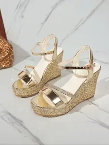 Women's New Summer PU Leather Thick Sole Waterproof Wedge High Heel Open Toe Fish Mouth Sandals, Adjustable Buckle Strap, Glamour Style, Party Shoes