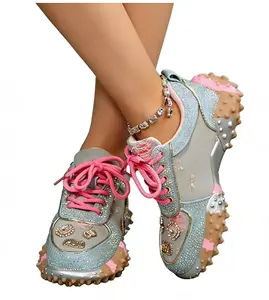 1. 57in Thick Sole 35-43 Size Unique Design High-Top Lace-Up Ankle Boots - Breathable Upper, Hand-Stitched Rhinestones, Perfect Gift for All Seasons, Casual Sports Shoes, Women'S Footwear, Comfortable Walking, Durable Structure, Fashion Enthusiasts, Platf