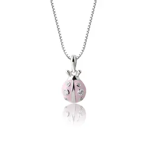 Girls Pink Ladybug Necklace in Sterling Silver or 14K Gold-Plated Silver